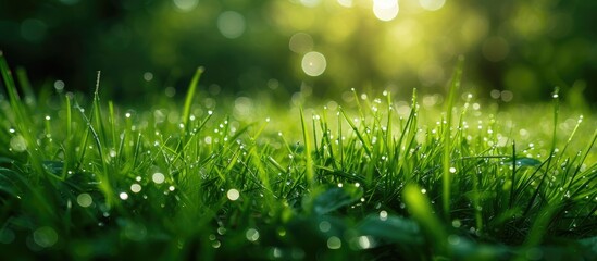 This close-up photo showcases vibrant green grass covered in delicate water droplets, creating a...