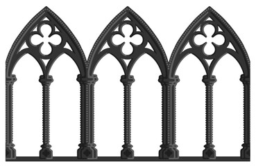 Gothic decorated arcade drawing. Stone ornamented triforium illustration.