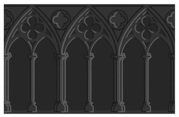 Gothic decorated arcade drawing. Stone ornamented triforium illustration.