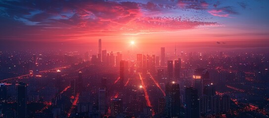 As the sun sets over the bustling metropolis, the pink sky illuminates the towering skyscrapers, creating a breathtaking cityscape of light and modernity - obrazy, fototapety, plakaty