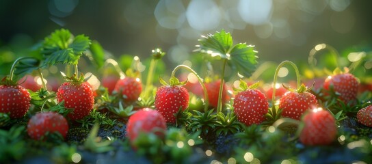 An idyllic gathering of vibrant alpine and virginia strawberries, adorned with fresh green leaves, embodying the pure essence of natural superfoods in an outdoor setting - obrazy, fototapety, plakaty