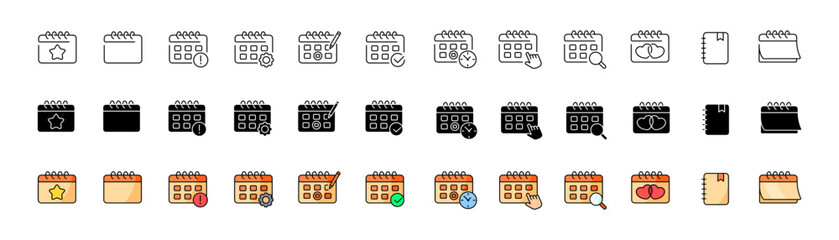 Calendar icon set. Linear, silhouette and flat style. Vector icons