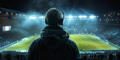 Sports Broadcaster Covering a Live Soccer Match - obrazy, fototapety, plakaty