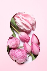 8 March greeting card design with flowers, top view. Happy International Women's Day