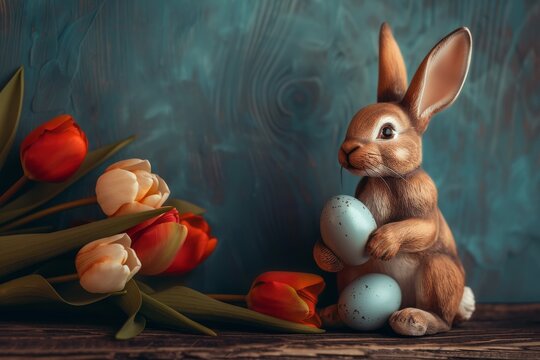 Happy Easter Eggs compassion. Bunny hopping in flower spring trails decoration. Adorable hare 3d bunny shawl rabbit illustration. Holy week get well soon card card wacky