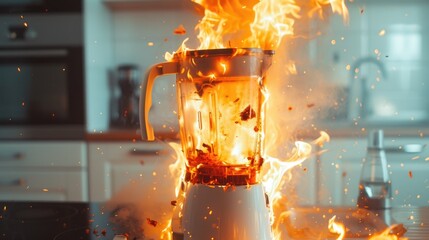 This image showcases a domestic kitchen scene where a serious malfunction has occurred, with a blender in the center of the frame engulfed in lively orange flames, suggesting a dangerous situation. Th