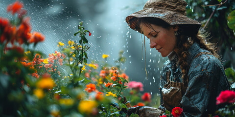 Rainy Day Gardening: Florist Tending to Blooms. Gardener in rain showers tenderly caring for...