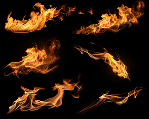 Fire flames collection isolated on black background - obrazy, fototapety, plakaty