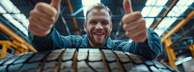 Tire changing tire repair car service shop background banner. Smiling mechanic showing thumbs up with car tire in automobile fixing garage	 - obrazy, fototapety, plakaty