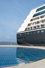 Cruise ship moored by the touristic attraction Greetings to the sun in Zadar, Croatia