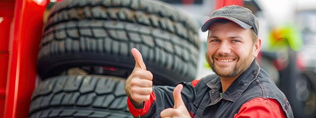 Tire changing tire repair car service shop background banner. Smiling mechanic showing thumbs up with car tire in automobile fixing garage	