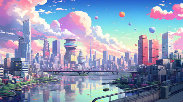 A painting of a city at sunset,,
An enchanting 8bit wallpaper featuring a lofi interpretation of a Japanese city