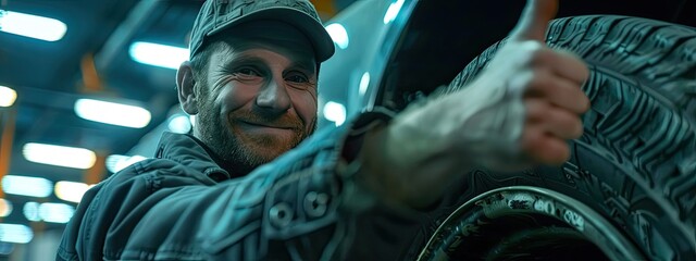 Tire changing tire repair car service shop background banner. Smiling mechanic showing thumbs up with car tire in automobile fixing garage	