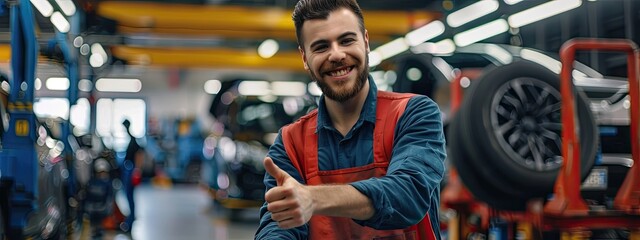 Tire changing tire repair car service shop background banner. Smiling mechanic showing thumbs up with car tire in automobile fixing garage	