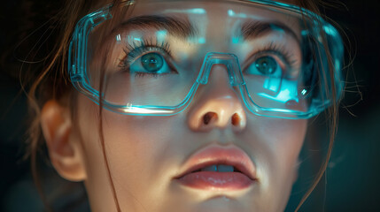 Futuristic Portrait of Woman Wearing High-Tech Eyewear