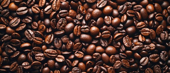 Naklejka premium Roasted Coffee Beans Full Frame. Full frame close-up of rich, roasted coffee beans with a deep brown color, indicative of a fresh roast and aroma