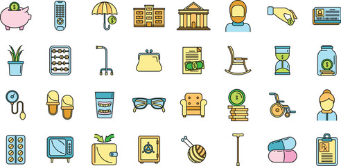Retirement plan icons set. Outline set of retirement plan vector icons thin line color flat on white