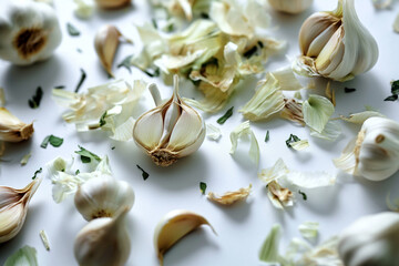 Fototapeta na wymiar Unveiling Flavor: Scattered Garlic Cloves Amidst a White Canvas