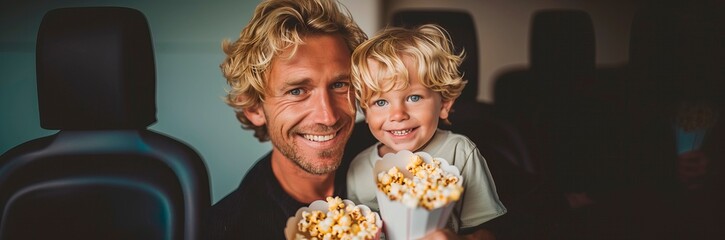 The image captures a heartwarming moment between an adult male with blonde, wavy hair and a young, blonde child, possibly his son, who shares a striking resemblance. Both are smiling towards the camer