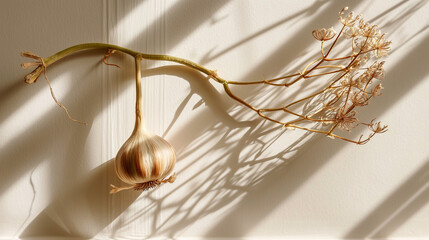 Sunlit Garlic and Dill: A Dance of Light and Shadows on Textured Wall