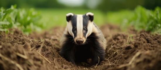 An adult badger stands alert, facing the camera, in an agricultural field with the entrance to its sett visible to the right.