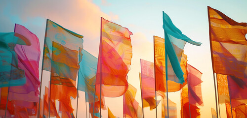 A patchwork of colorful fabric flags fluttering in the breeze, symbolizing a gathering of cultures at a barefoot festival with the sky behind shifting from peach to soft coral