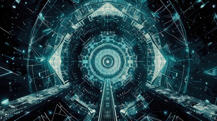 Fototapeta premium Dark gray background fog and light on floor. Mystical mist. dark room. The hypnotic geometric portal, combining straight and crooked lines, creates a feeling of incredible, game