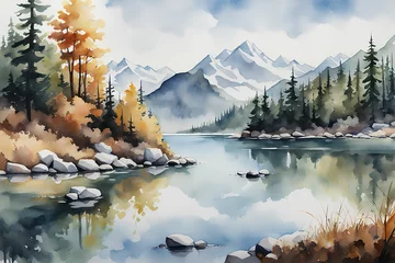  Watercolor landscape with a woods, mountains © TheGamifiedTV