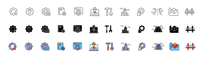 Engineering icon set. Engineering linear, silhouette and flat icons. Vector icons