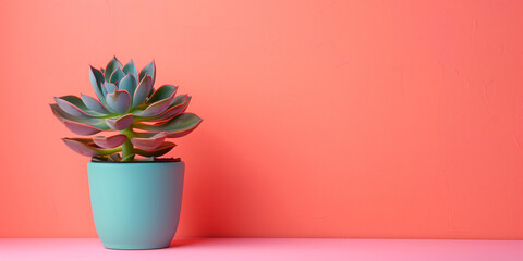 Succulent in a teal pot on a coral pink background. Bright and cheerful home decor concept. Banner...
