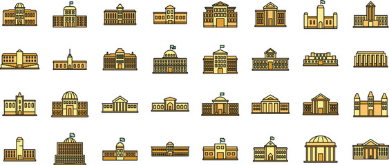 Parliament building icons set. Outline set of parliament building vector icons thin line color flat on white