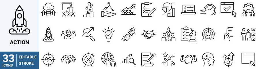 Strategy and action line icons. Containing planning, schedule, analysis, tasks, goal.