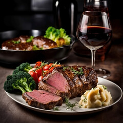 Delicious dinner with grilled meat and vegetables