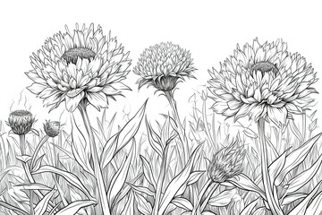 Coloring book flowers doodle style black outline.