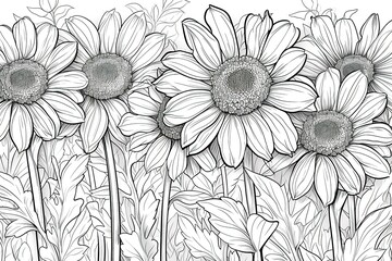 Coloring book flowers doodle style black outline.