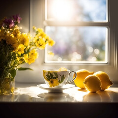 Tea with lemon in a cup by the window with flowers.