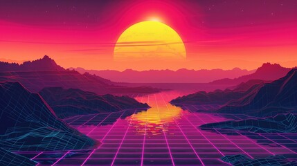 1980s inspired vector landscape showcasing a radiant techno sun and grid horizon - obrazy, fototapety, plakaty