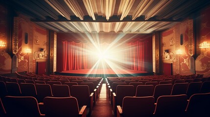 An Empty Theater With Red Curtains and Lights