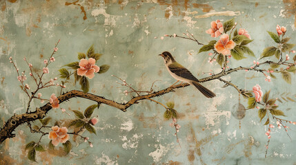 Flowering tree in the Japanese garden with birds. Fresco, Wallpaper for interior printing. Chinoiserie wallpaper