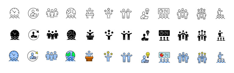 Community icon collection. Linear, silhouette and flat style. Vector icons