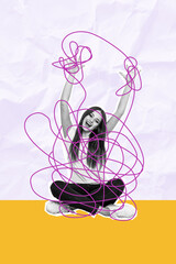 Creative abstract template graphics collage image of funny lady tangled rope isolated colorful background
