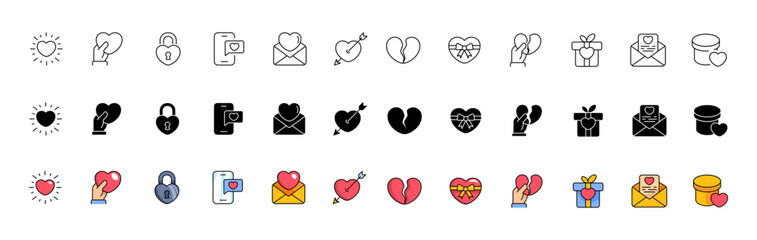 Love icon collection. Heart icons. Linear, silhouette and flat style. Vector icons