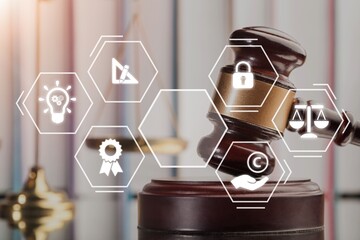 Intellectual property, judge working in courtroom