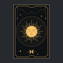 Golden Tarot card with a magical sun. Tarot symbolism. Mystery, astrology, esoteric. Vector illustration