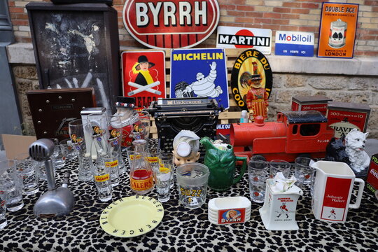 paris France 5 may 2023: bunch of vintage items at the flea market
