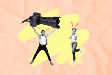 Artwork collage sketch of funky cheerful happy girl model and man professional photographer hold huge camera