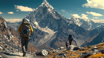 A group of friends on a hiking adventure, panoramic mountain views, capturing the spirit of friendship and exploration. Resplendent.