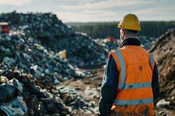 A worker in a safety vest standing in front of a heap of trash at a landfill site.