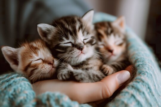 A person gently cradling three tiny kittens in their hands.