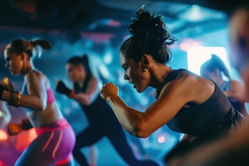 A group of women actively participating in a dance class, learning and practicing choreographed movements.